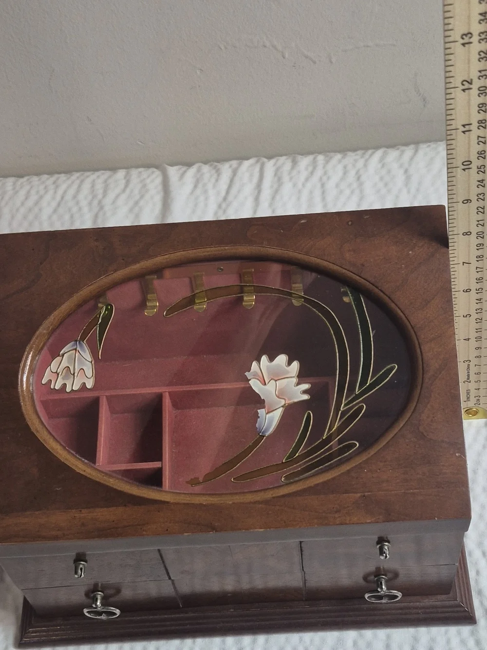 Vintage Wood Jewelry Box w/ Mirror, Floral Glass Lid, Drawers, Brown 11in 25+ pc